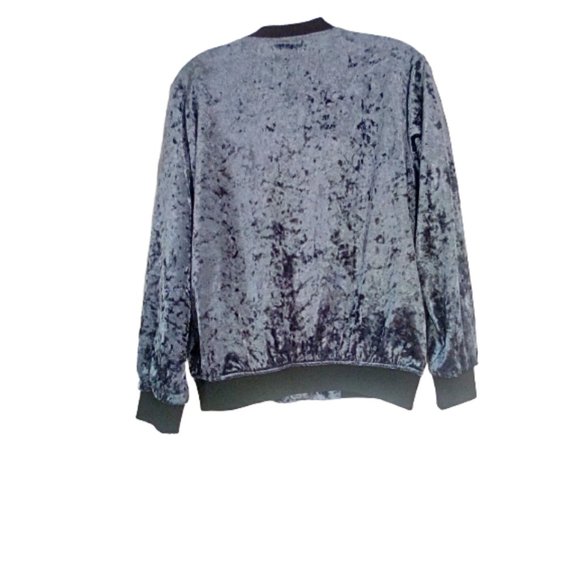 Forever 21 Sz S Jacket Bomber Zip Crushed Velvet Blue Sheen Black Cuffs Hemline - Picture 2 of 3